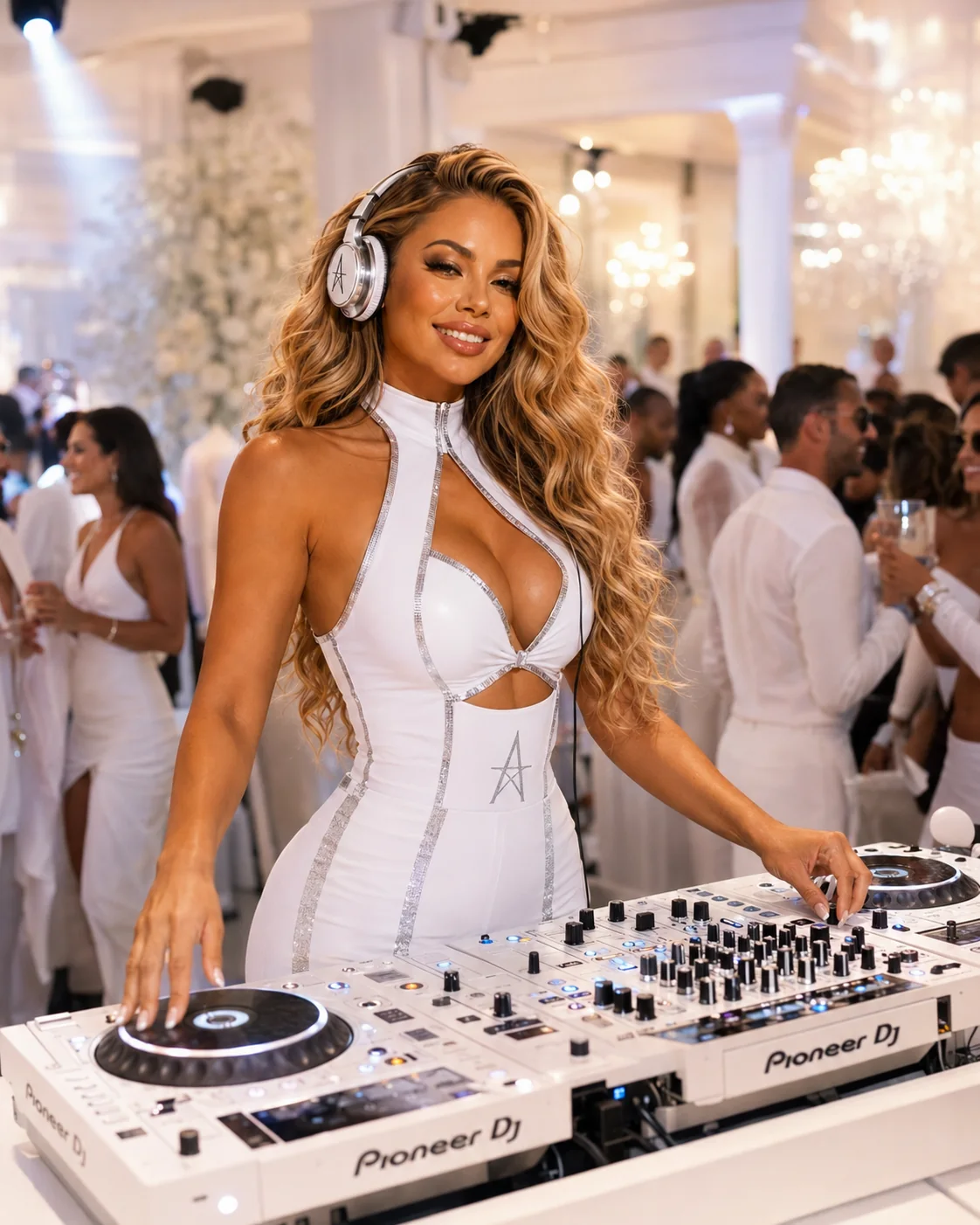 DJ Nanaz performing at an all-white party
