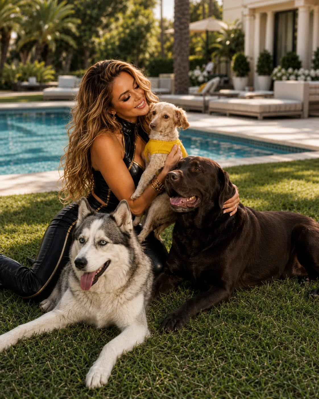 DJ Nanaz poolside with three dogs