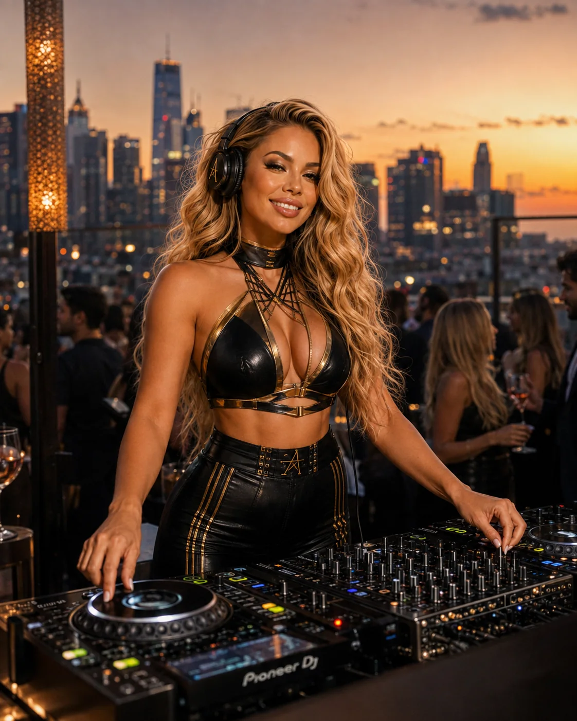 DJ Nanaz performing on a rooftop at sunset