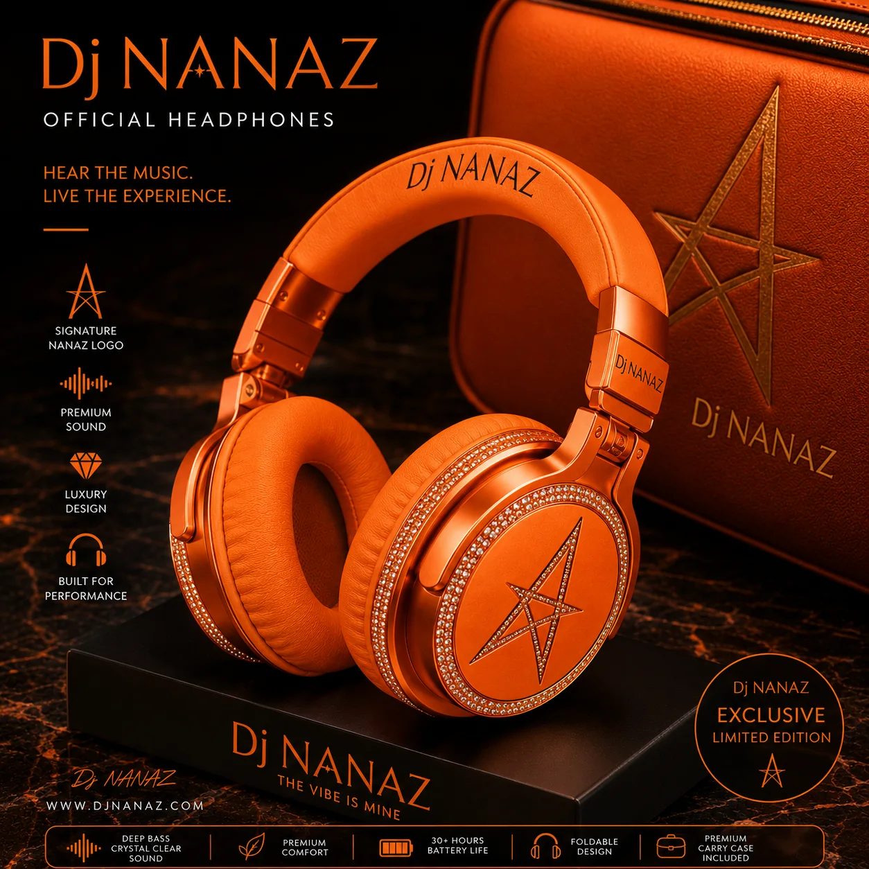 Orange Limited Edition DJ Nanaz branded headphones and case