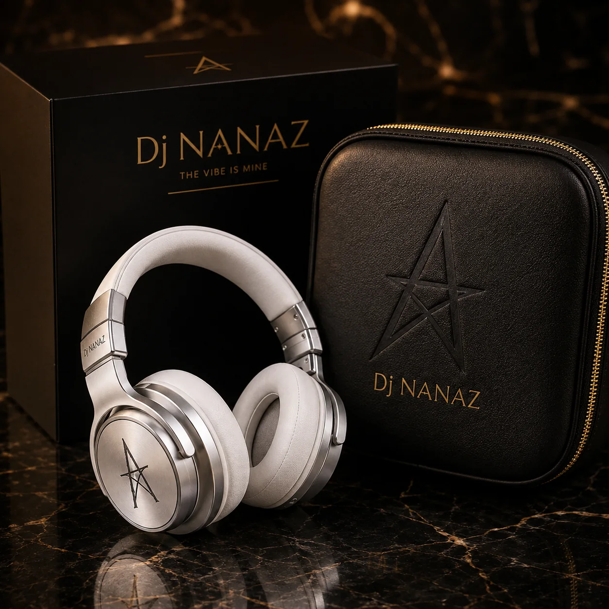 White DJ Nanaz headphones with branded case and packaging
